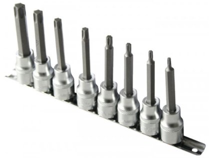 Zástrčné hlavice TORX 1/2", T20 - T60, predĺžené 100 mm, sada 8 kusov na lište
