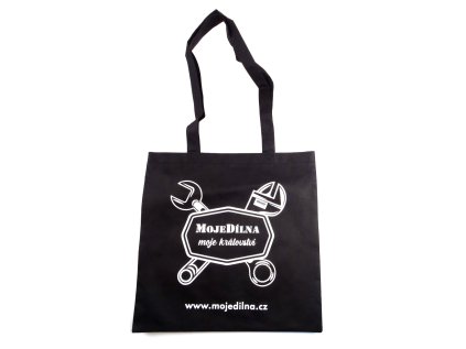 Taška textilní s uchem, netkaná textílie, černá "MojeDílna moje království" (MojeDílna.cz)