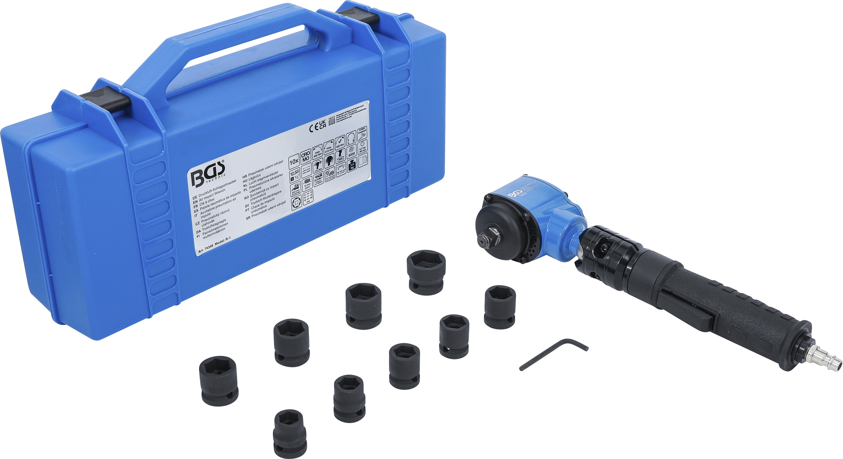 Pneumatický rázový uťahovák 1/2", 650N, uhlový, s nástrčkami 13-24 mm, 10 ks - BGS 74348