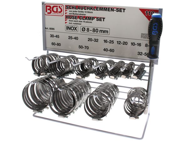 BGS Technic BGS 8095 Hadicové spony 8 ÷ 80 mm, nerezová oceľ (sada 111 dielov)