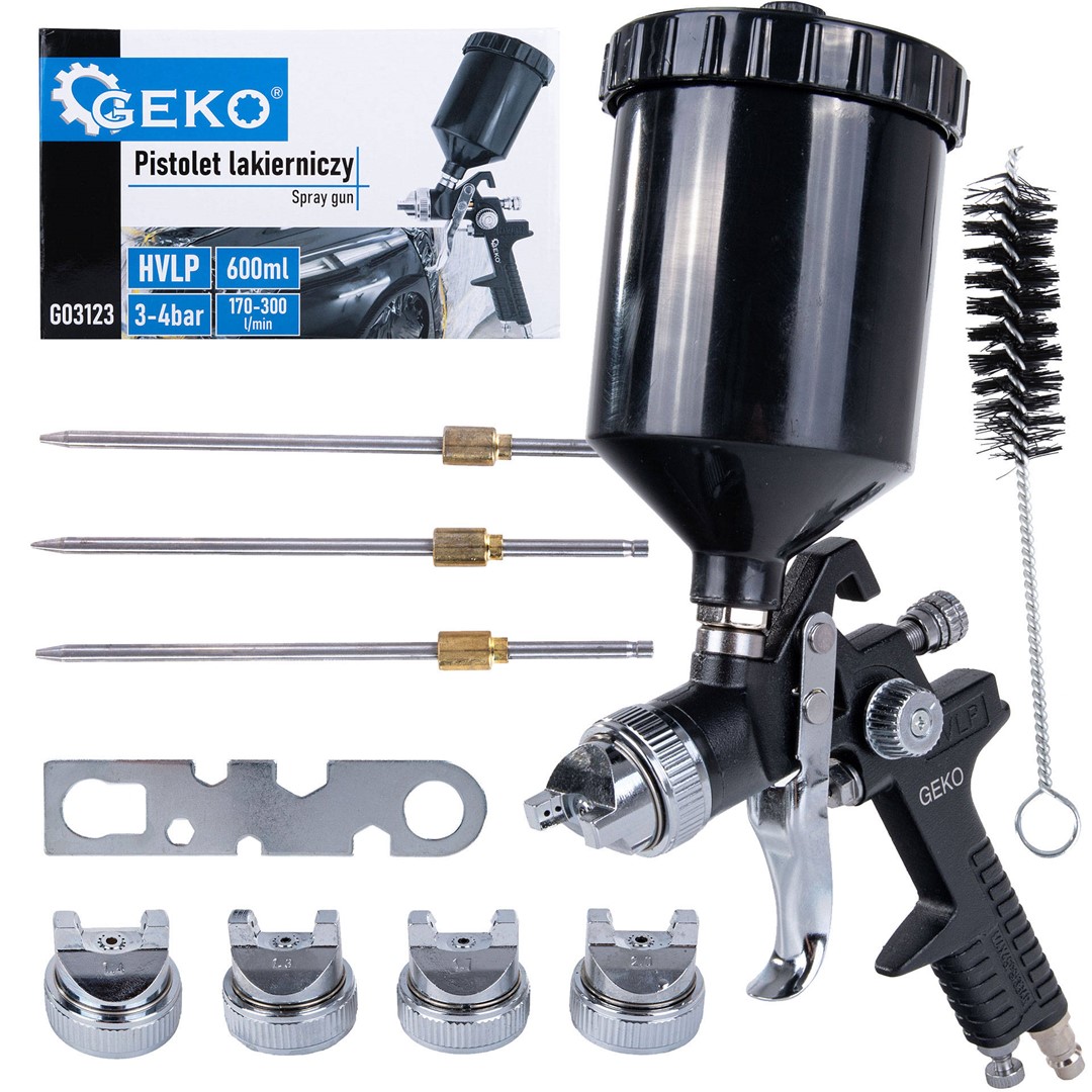 Striekacia pištoľ HVLP, 4 trysky (1,3, 1,4, 1,7, 2,0), pracovný tlak 3-4 bar, objem 600 ml