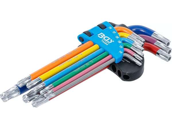Nástrčné kľúče Torx s otvorom T10-T50 farebné, s guličkou, 9 ks - BGS 74464