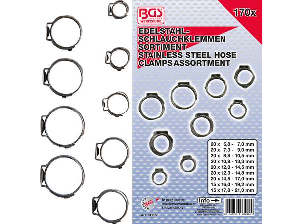 BGS Technic BGS 14115 Hadicové spony z nehrdzavejúcej ocele, priemer 5,8 ÷ 21 mm (sada 170 dielov)