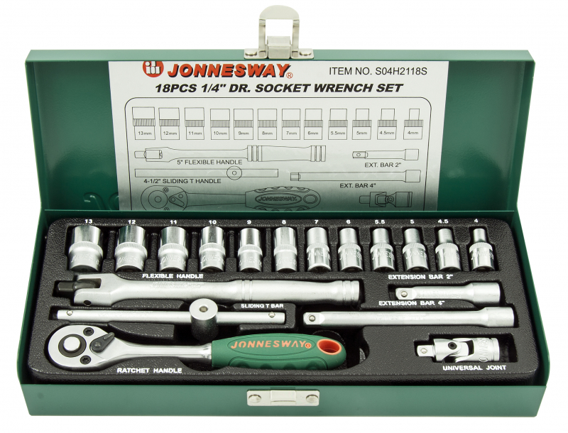 Gola sada 1/4", 6 hranné hlavice, 4-13 mm, 18 kusov - JONNESWAY