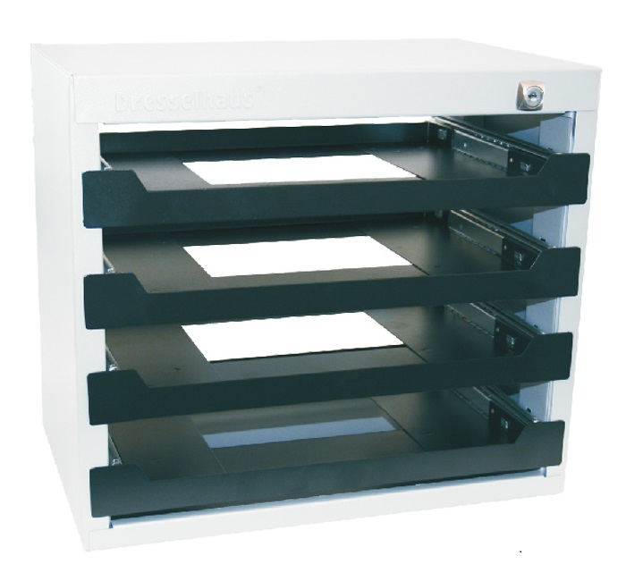 Nástenný držiak na kufre so spotrebným materiálom Dresselhaus, 4poschodový, zamykateľný, plech