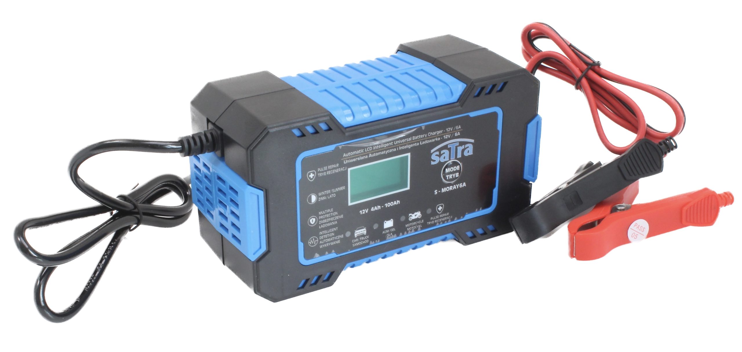 Nabíjačka autobatérií s LCD displejom - štartovacie napájanie, 12 V, 6A, 4-100 Ah - SATRA