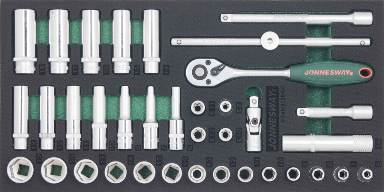 Modul penový - gola sada 3/8 ", hlavice 6hranné a TORX-E, 36 dielov - JONNESWAY S04H3136KV