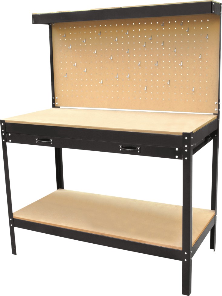 Pracovný stôl - dielenský ponk 120 x 60 x 151 cm, so závesnou stenou, zásuvkou a poličkou