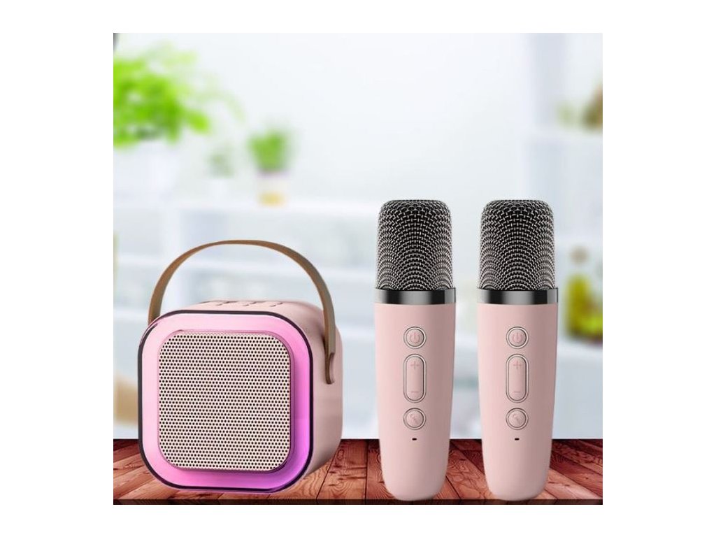 Karaoke set mikrofony 2x  BT reproduktor, růžový