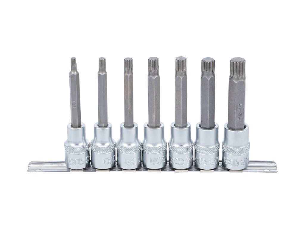 Zástrčné hlavice XZN 1/2", M5-M14, prodloužené 100 mm, sada 7 dílů na liště - BGS 5175