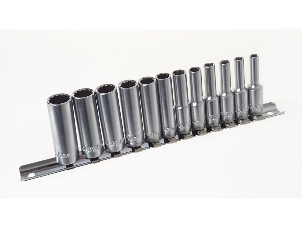 Nástrčné hlavice 1/4" 12hranné prodloužené, 4-13 mm, 12 ks na liště - JONNESWAY S05HD2712S