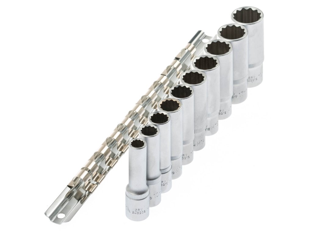 Nástrčné hlavice 12hranné 3/8'', 8 - 19 mm, prodloužené 63 mm, 10 ks na liště - ASTA