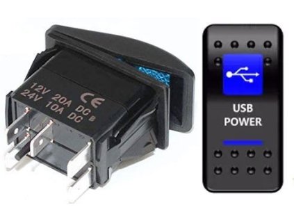 Vypínač kolébkový  A11625ABL-J86 ON-OFF 2p.12VDC/20A modrý, prosvětlen