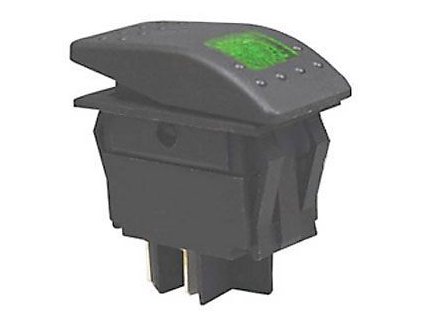 Vypínač kolébkový  RK1-06 ON-OFF 2p. 20A zelený, prosvětlení 12V