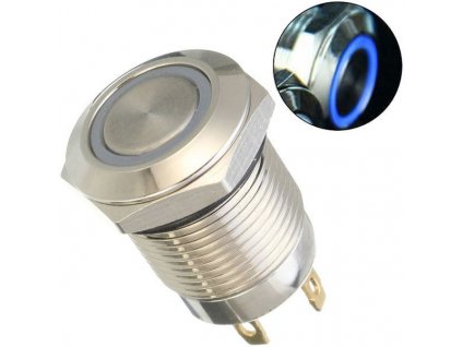 Vypínač stiskací OFF-ON 12mm, 250V/2A, modré prosvětlení 12V