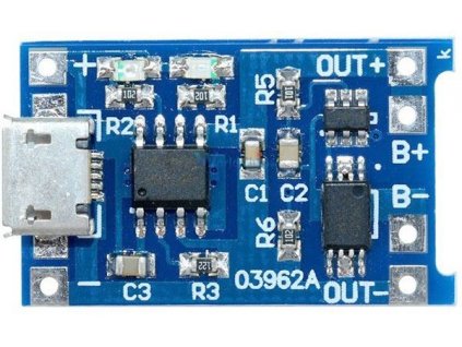Nabíječka Li-Ion článku 1A s ochranou, modul s IO TP4056 (micro USB)