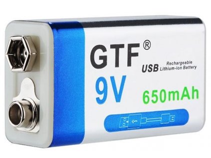 Nabíjecí baterie Li-ion 9V 650mAh 6F22, GTF, napájení USB
