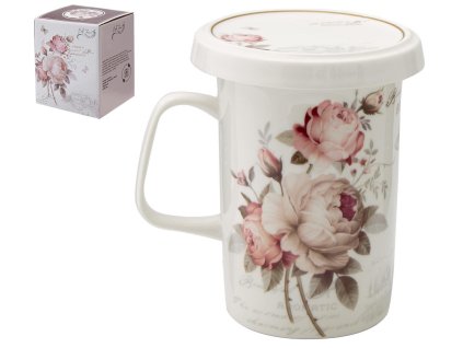 Hrnek porcelán se sítkem a víčkem 340ml  RŮŽE