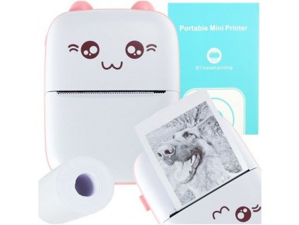 Mini termotiskárna na štítkové fotografie, růžová kočka
