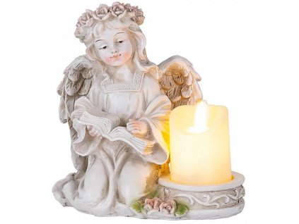 Dekorace Anděl s knihou a svíčkou, LED, polyresin, na hrob, 17,5x14,5x17,5 cm,MagicHome