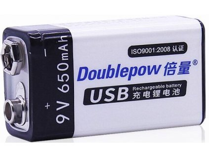 Nabíjecí baterie Li-ion 9V 650mAh 6F22, Doublepow, napájení USB