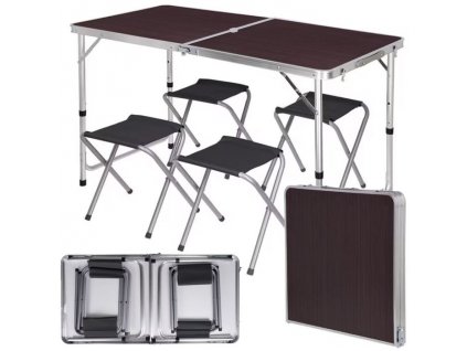 Kempingový hliníkový skládací stůl + 4 židle, hnědý