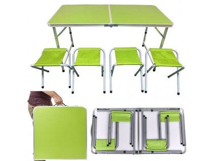 Kempingový hliníkový skládací stůl + 4 židle, zelený