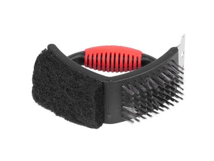 Kartáč na čištění grilu Grill BBQ, 3-hranný se škrabkou a silikonovou ručkou, 15x13x7 cm