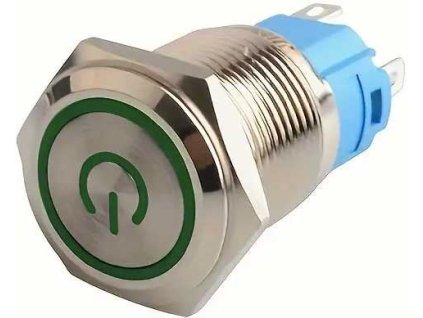 Vypínač tlačítkový OFF-ON 22mm, 250V/2A, zelené prosvětlení 12-24V