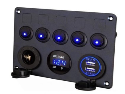 Panel YC-A90 s 5 vypínači, napájecí zdířkou, 2x USB a V-merem