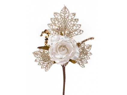 Větvička MagicHome s růží, bílo-zlatá, 26cm