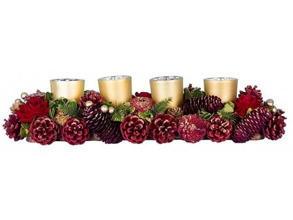 Ikebana adventní MagicHome přírodní červená, zlaté pohárky, 45cm