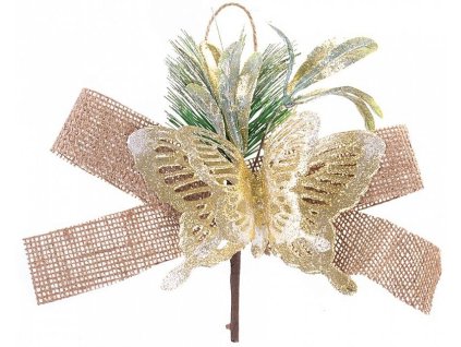 Větvička MagicHome s motýlem a stuhou, zlatá, 18cm