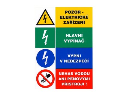 Tabulka - Pozor elektrické zařízení Hlavní vypínač Vypni v nebezpečí Nehas vodou (samolepka A5)
