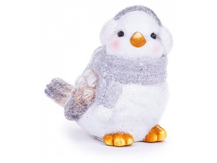 Dekorace MagicHome Ptáček sameček, šedá šála, terakota, 13,80x9x12,80cm