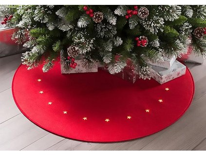 Vánoční koberec pod stromek MagicHome červený s hvězdami, 22xLED, teplá bílá, časovač, 2xAA, 90cm