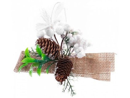 Větvička MagicHome s šiškami a jutovou stuhou, bílá, 15cm, 6ks