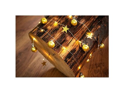 Řetěz MagicHome baňky a vločky, 20xLED teplá bílá, zlatá, 2xAA, 1,9m
