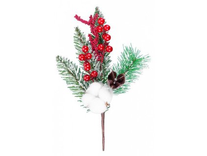 Větvička MagicHome s bavlnou a bobulkami, červená, 30cm