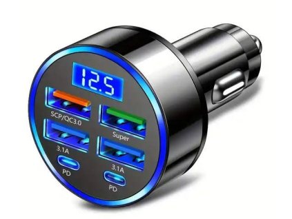 Autoadaptér USB 12V/5V s voltmetrem, 4x USB A+2x USB-C