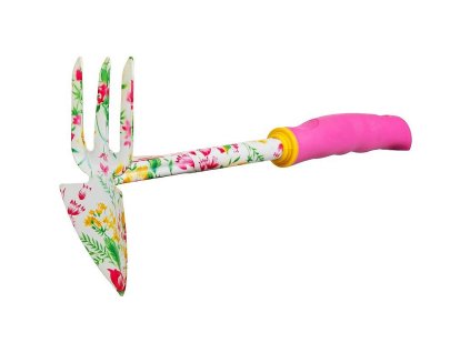 Motyčka zahradnická, špičatá, trojzubá, s potiskem květů, růžová