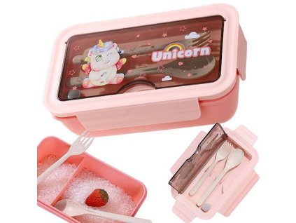 Obědový svačinkový box s přihrádkou na příbory Unicorn, růžový