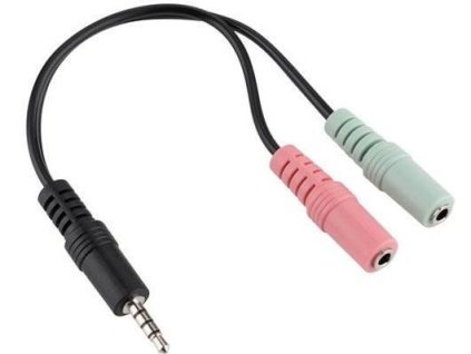 Redukce JACK 3,5 4P konektor / 2x JACK 3,5 zdířka sluch+mic