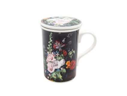 Hrnek porcelán se sítkem a víčkem 320ml  KVĚT ČERNÁ
