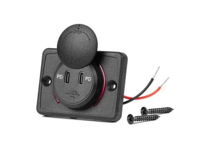 Napájecí zdířka voděodolná, čtvercová, 2x USB-C 12V 24V AMIO