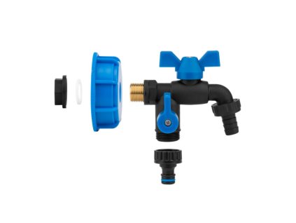 Sada pro kontejner na vodu IBC, uzávěr S60x6 s otvorem 1/2", kohoutek 1/2" s výstupem 2x3/4", hadičník 5/8"