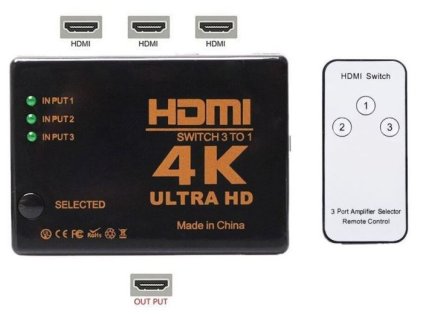 HDMI přepínač 3x HDMI 4K UH-301 s ovladačem, přijímač IR na kabelu