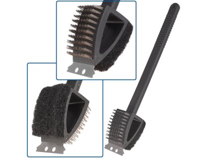 Drátěný kartáč 3v1 na čištění grilu, se škrabkou a houbičkou - GEKO