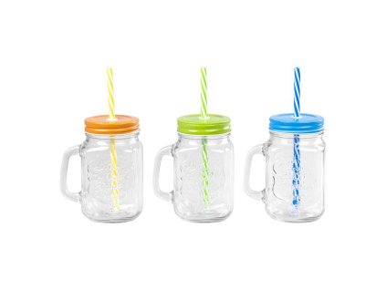 Sklenice s brčkem a barevným víkem MagicHome sklo, 480ml