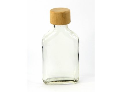 Láhev sklo  100ml Placka čirá s dřevěným víčkem